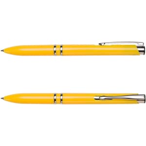 A yellow pen made from recycled ABS material, featuring a silver clip and trim. It has a simple, sleek design.