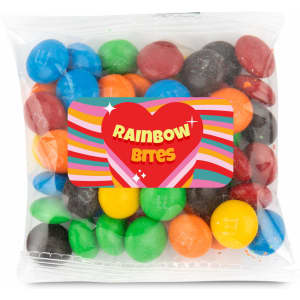 A 50-gram cello bag filled with colorful M&M's candies, labeled as "Rainbow Bites."