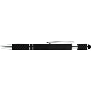 A black pen with silver accents and a textured grip, featuring a logo.