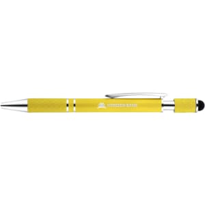 A yellow spinner pen with a textured grip and silver accents, featuring a logo.