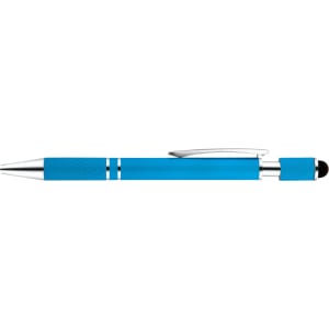 A blue spinner pen with a silver trim and a stylus tip. The pen features a sleek design and a branded logo.