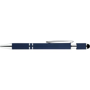 A navy blue spinner pen with a silver clip and accents, featuring a textured grip and a branding logo.