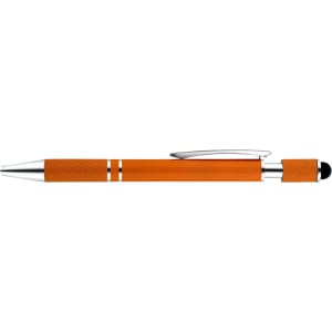 An orange spinner pen with a silver clip and accents, featuring a stylus tip. It has a sleek, modern design.