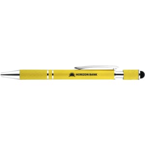 A yellow pen with a textured grip, silver accents, and a logo on the barrel.