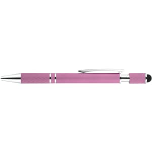 A pink spinner pen with a textured grip and metallic accents. It features a clip and a stylus tip.