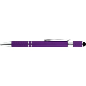 A purple spinner pen with a silver clip and accents, featuring a textured grip and a stylus tip.