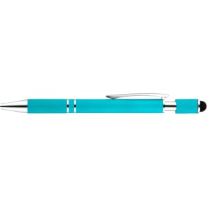 A turquoise pen with a silver clip and tip, featuring a textured grip and a stylus on the end.