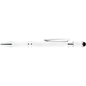 A white spinner pen with silver accents and a textured grip, featuring a logo.