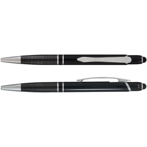 A black aluminium pen with chrome accents, featuring a textured grip and a clip. It includes a branding logo.