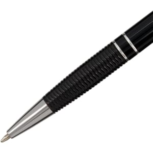 A black aluminium pen with a sleek design and silver accents, featuring a textured grip and a logo.