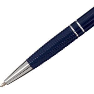 A navy blue aluminium pen with a shiny silver tip and textured grip, featuring a logo on the barrel.