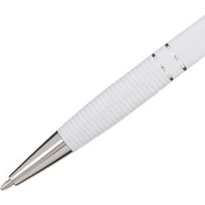 A white aluminium pen with a textured grip and metallic accents, featuring a logo on the barrel.