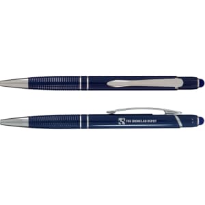 A blue aluminium pen with a silver clip and ribbed grip, featuring a logo on the barrel.