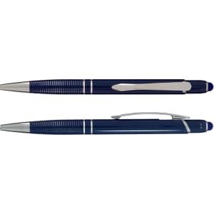 A blue aluminium pen with a silver clip and textured grip, featuring a logo on its body.