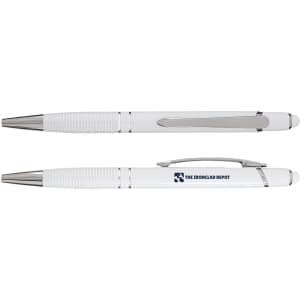 A sleek white aluminium pen with silver accents and a branding logo on the side.
