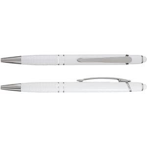 A white aluminium pen with silver accents, featuring a grooved grip and a clip. The pen has a sleek, modern design.