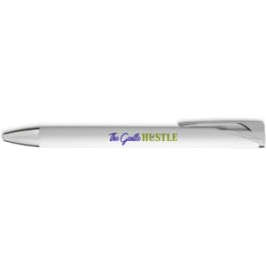 A gel ink pen in white with a silver clip and a branding logo printed on the barrel.