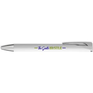 A white gel ink pen with a silver nib and a logo printed on the barrel.