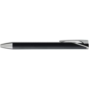 A black gel ink pen with a silver clip and a sleek design, featuring a logo.