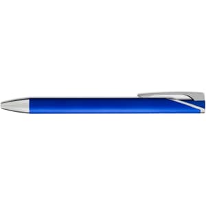 A blue gel ink pen with a silver clip and tip, featuring a sleek design and a branding logo.