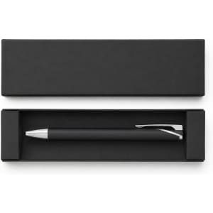 A black gel ink pen with a silver clip, presented in a black box without additional markings.