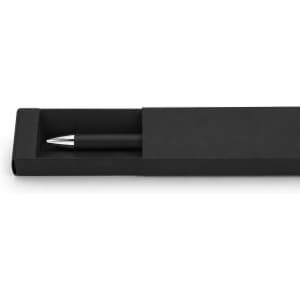 A black gel ink pen displayed in a sleek black box with a simple design. The pen features a metallic silver accent.