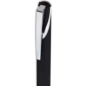 A black gel ink pen with a sleek chrome clip, featuring a simple design and branding logo.