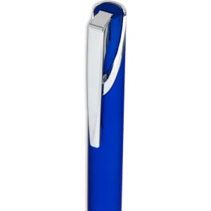 A blue gel ink pen with a sleek silver clip and shiny finish, featuring branding on the barrel.