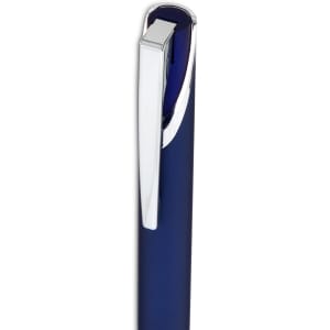 A gel ink pen with a sleek design, featuring a dark blue barrel and metallic silver clip.