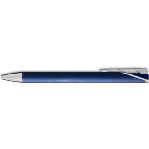 A blue gel ink pen with a sleek silver clip and a smooth finish, featuring a logo.