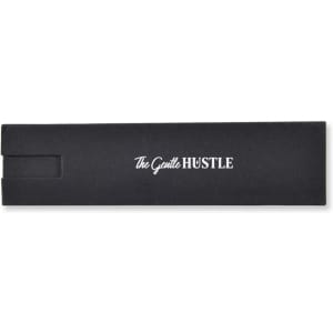 A black product box with a white logo. The design is sleek and minimalist, suitable for packaging.