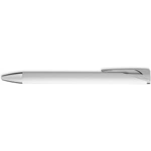 A white gel ink pen with a sleek design and silver accents, featuring a clip and a polished tip.