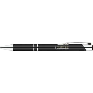 A black gel ink pen with silver accents and a clip, featuring a branding logo.