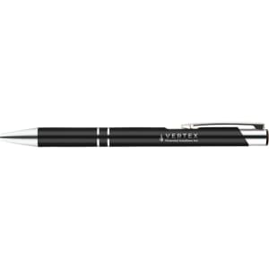 A black gel ink pen with silver accents, featuring a branding logo.