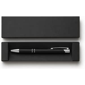 A black gel ink pen with silver accents, presented in a sleek black box.