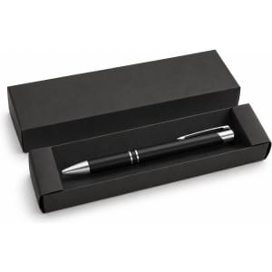 A black gel ink pen is displayed inside a black box, featuring a sleek design and silver accents.