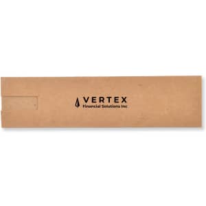 A rectangular cardboard box featuring a logo, in a natural brown colour, with a flap for opening.