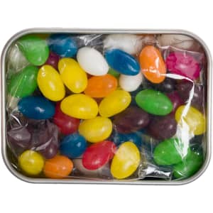 A silver rectangular tin filled with assorted color mini jelly beans in various vibrant hues.