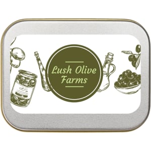 A silver rectangular tin labeled "Lush Olive Farms" featuring illustrations of various bottles and olives.