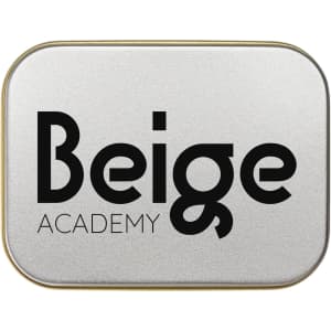 A silver rectangular tin containing assorted colorful mini jelly beans. The tin features a logo.
