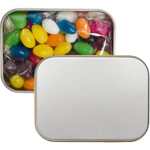 A silver rectangular tin filled with assorted color mini jelly beans, including green, yellow, orange, and purple.