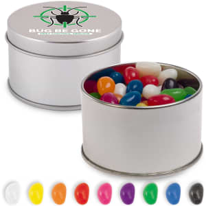 A silver round tin filled with assorted colour mini jelly beans, featuring a logo on the lid.