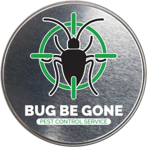 A silver round tin labeled "Bug Be Gone" Pest Control Service, featuring a graphic of a pest.