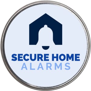 A silver round tin featuring the logo of "Secure Home Alarms" with a stylized bell and house design.