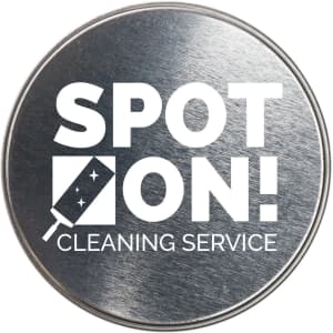 A silver round tin with a logo for "Spot On! Cleaning Service."