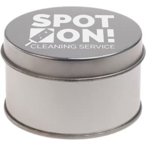 A silver round tin featuring a logo for "Spot On! Cleaning Service."