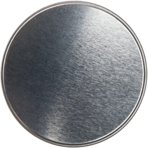 A silver round tin with a smooth, brushed metallic surface.