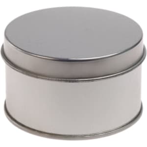 A silver round tin with a smooth finish and a secure lid, featuring a simple design.