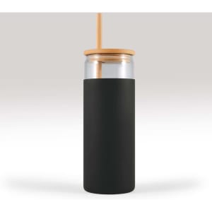 A glass tumbler with a black silicone sleeve, a bamboo lid, and a straw.
