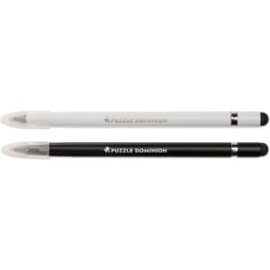A set of two pens, one white and one black, featuring a logo and a sleek design.